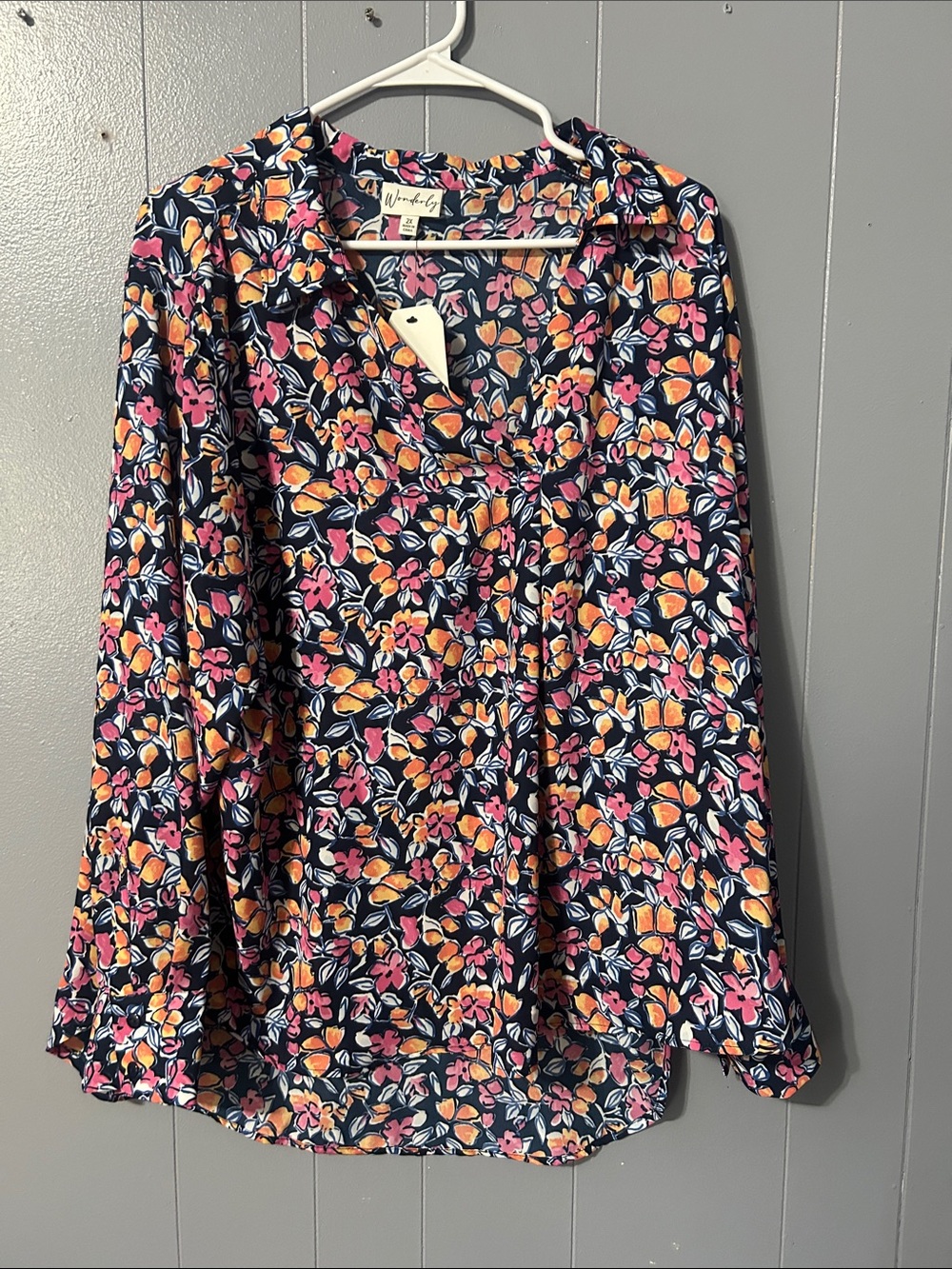 Wonderly Navy Button-Down Shirt with Pink & Orange Floral Print